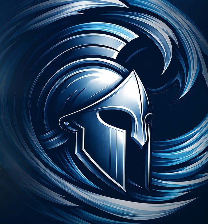 The Waveski Warriors Spartan helmet emblem inside a crashing wave